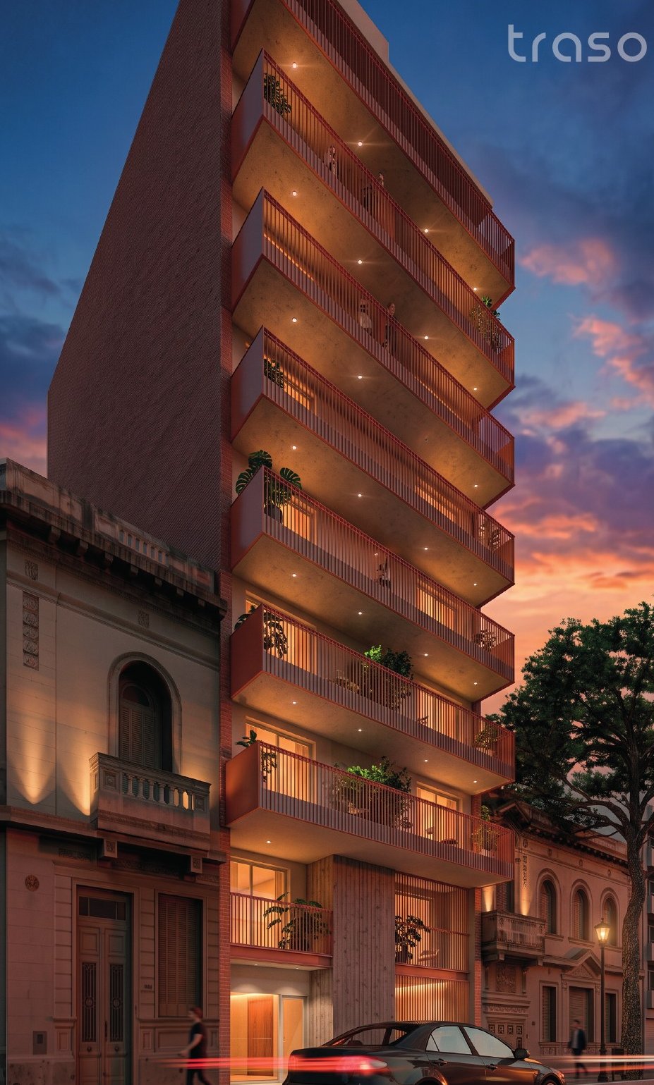 Render nocturno del edificio Moreno Tres y Nueve