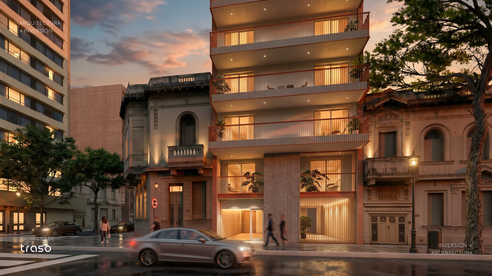 Fachada de Edificio Moreno Tres y Nueve sobre la calle al atardecer